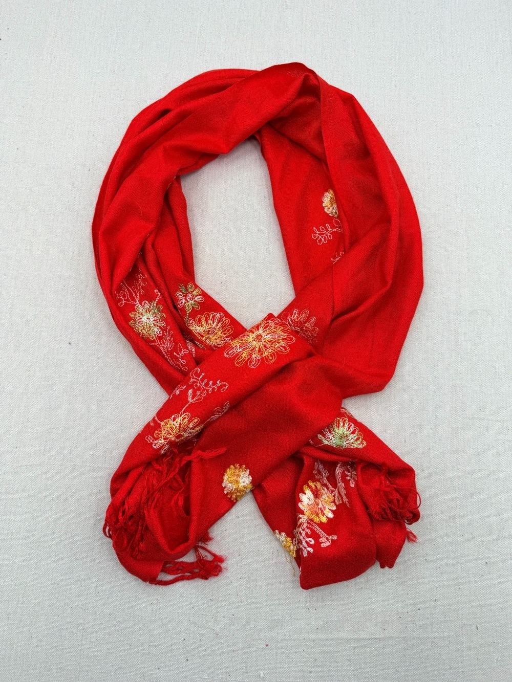 Red Embroidered Floral Scarf